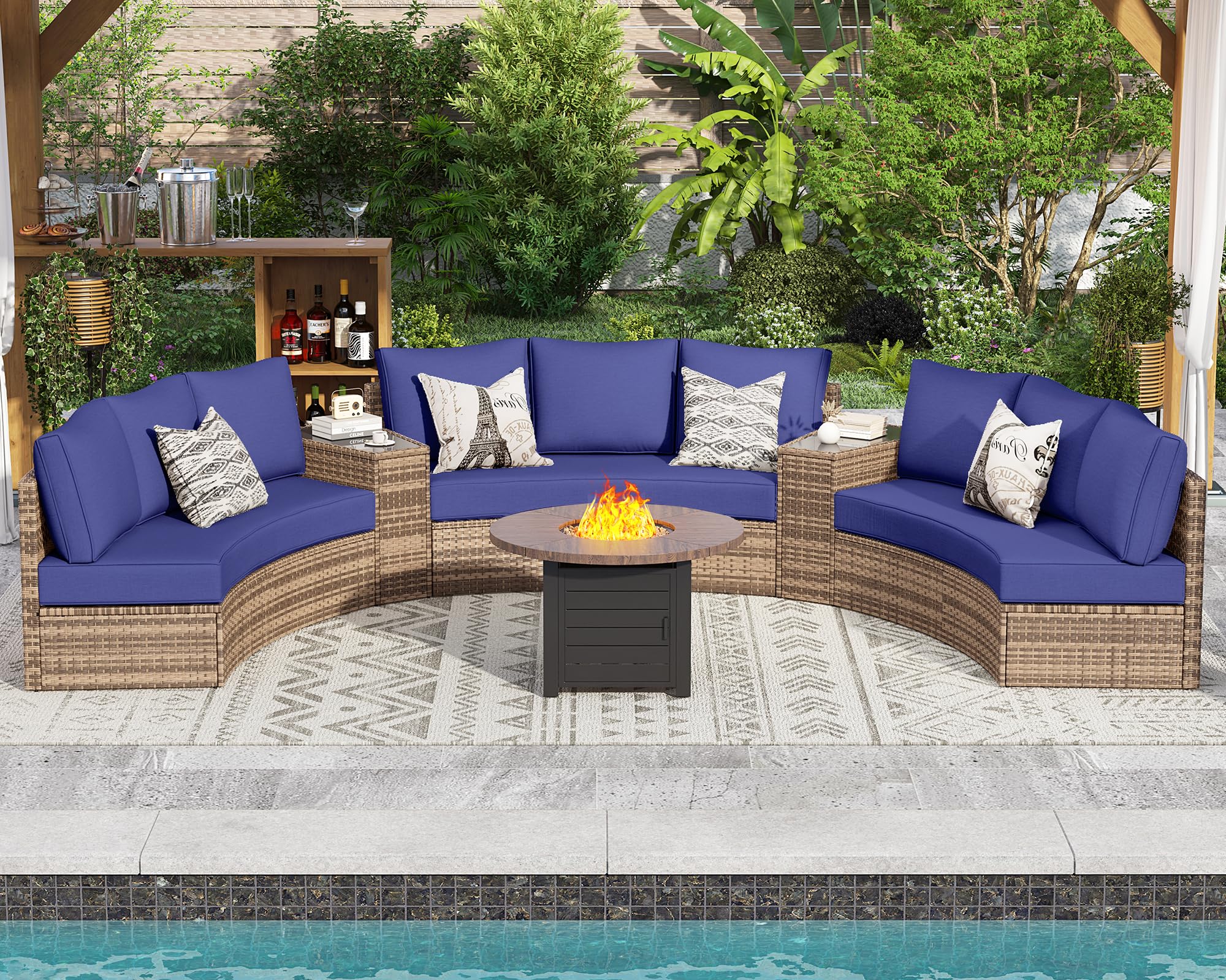 Patio Conversation Set, 11 Piece Half-Moon Sectional Round Patio Furniture Set