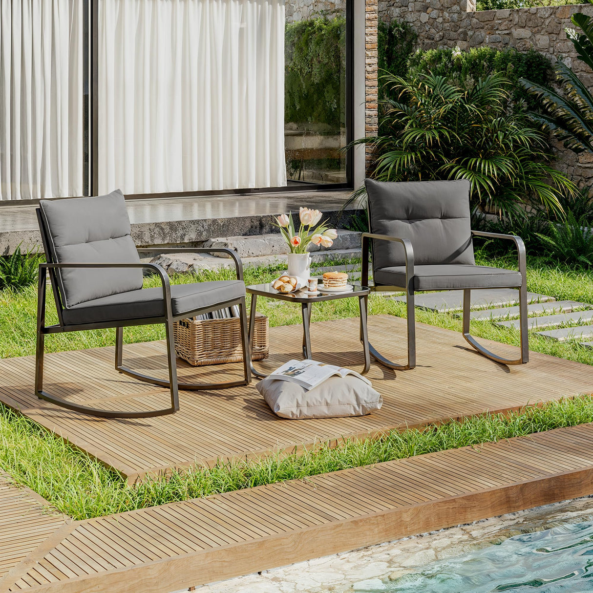 3 Piece Outdoor Rocking Bistro Set, Black Steel Furniture