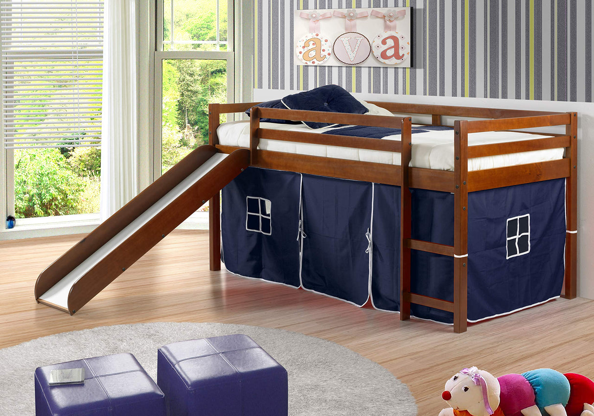 Low Loft Bed with Slide with Tent, Twin, Light Espresso/Blue