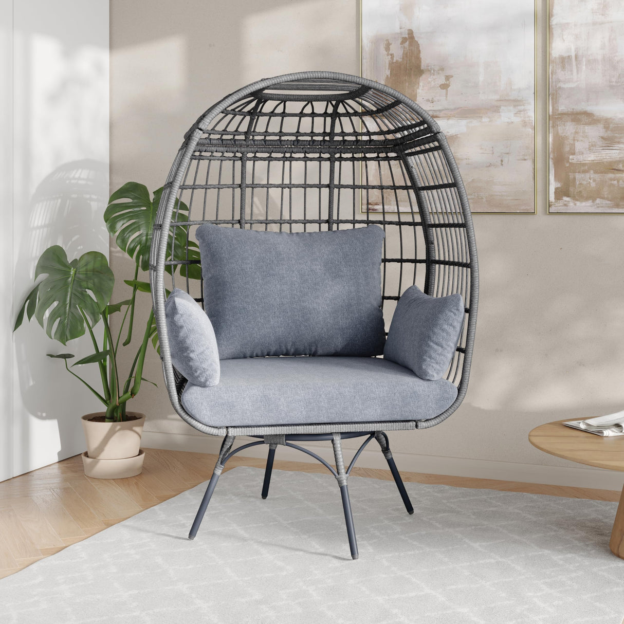 Commercial Indoor/Outdoor Swivel Lounge Chair, Oversized Wicker Egg Chair, 360 Degree Swivel, High Back, 4 Cushions, Gray