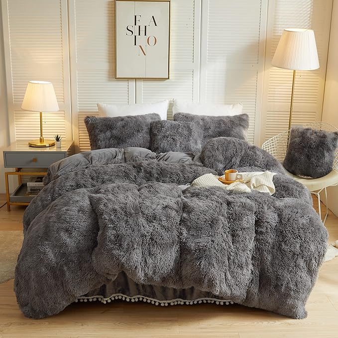 Luxury Fluffy Faux Fur Duvet Cover Set, Tie Dye Plush Fuzzy Duvet Cover Set(1 Print Shaggy Comforter Cover+2 Furry Pillow Shams)