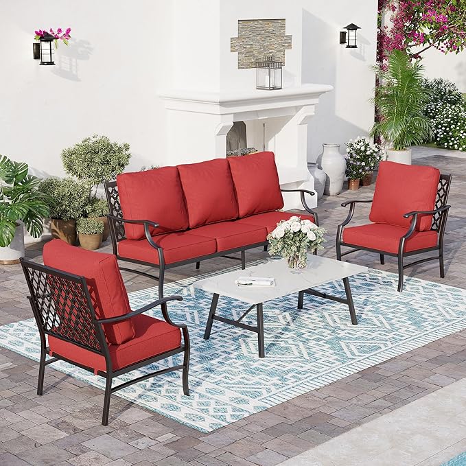 5 Piece Metal Outdoor Patio Furniture Set, Patio Conversation Sets 1 3-Seater Sofa