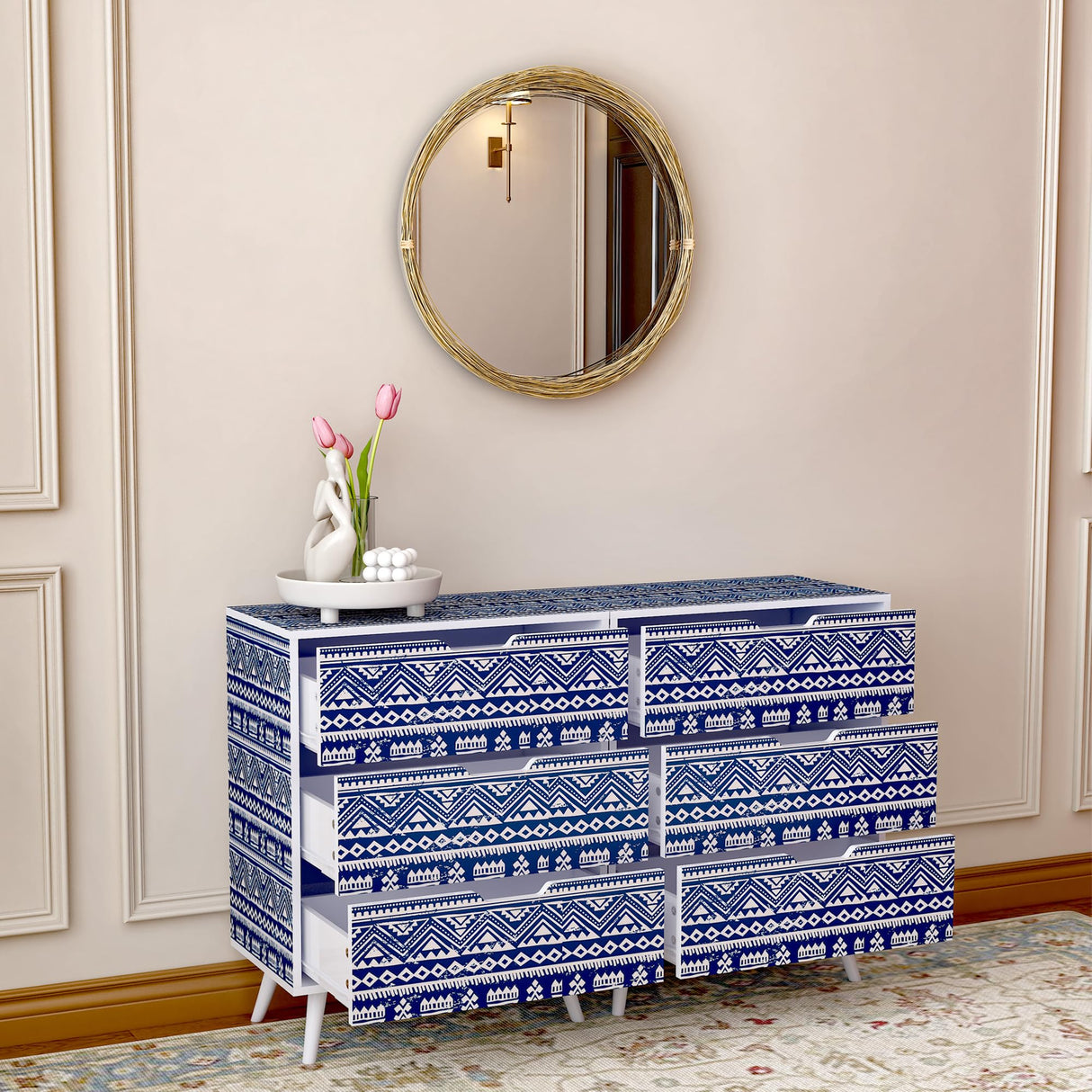 Boho Nightstand Set of 2,Blue Night Stand with 3 Drawer,Bohemian Nightstand Bedside