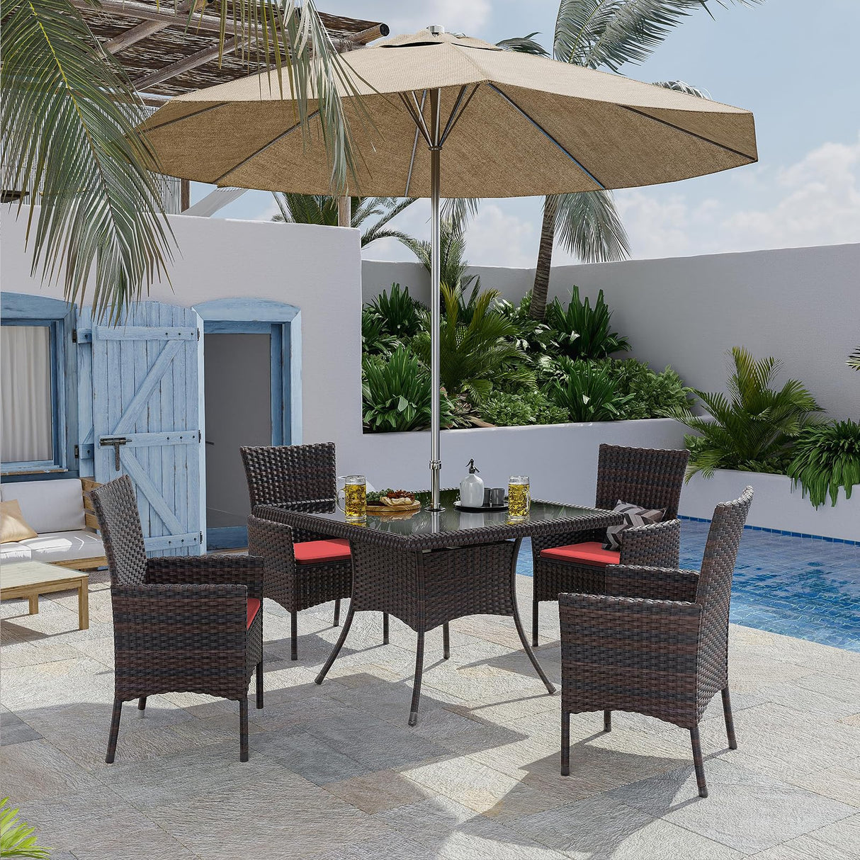 10-Piece Indoor/Outdoor Dining Table Set, Garden Patio Rattan Set with w/Tempered Glass Tabletop