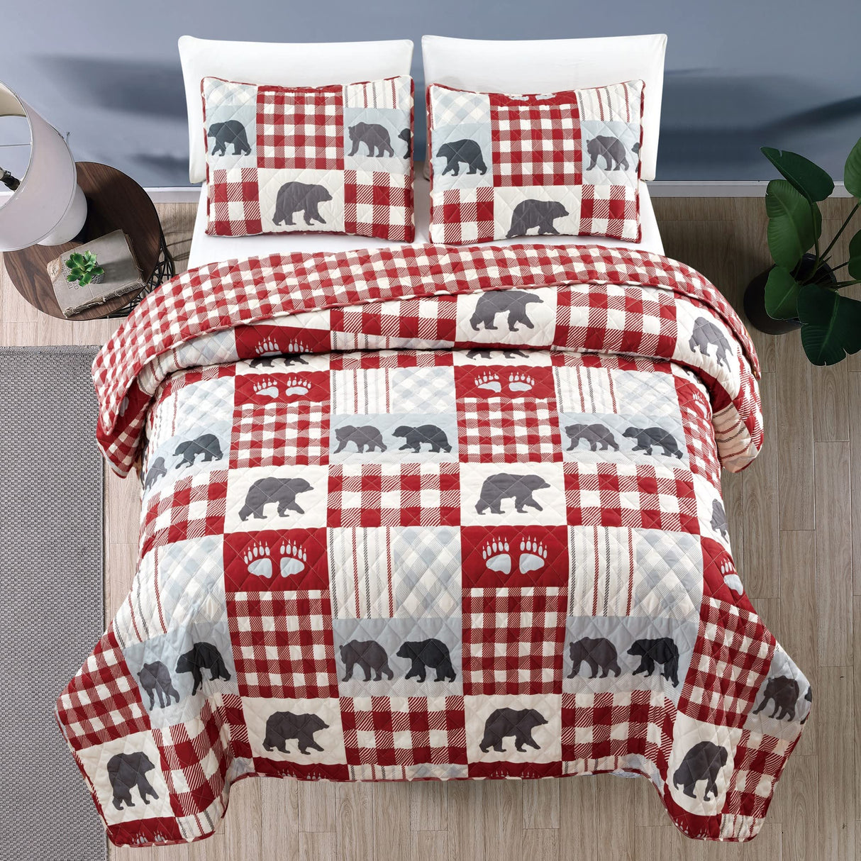 3 Piece Reversible Quilt Set with Sham | Queen Cabin Comforter Set | Rustic Bear Buffalo