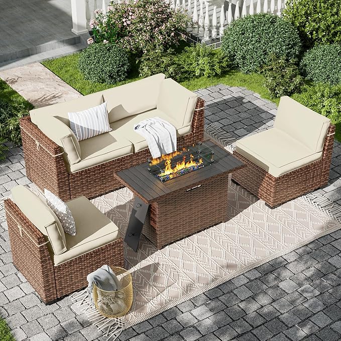 7 Pieces Patio Furniture Set, Outdoor Furniture Sectional Sofa Set with Slanted Back