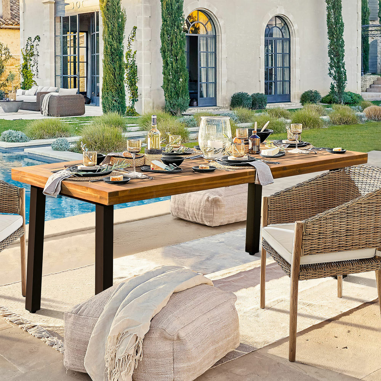 Home Acacia Wood Dining Table 6-Person Indoor Outdoor Table with Iron Legs