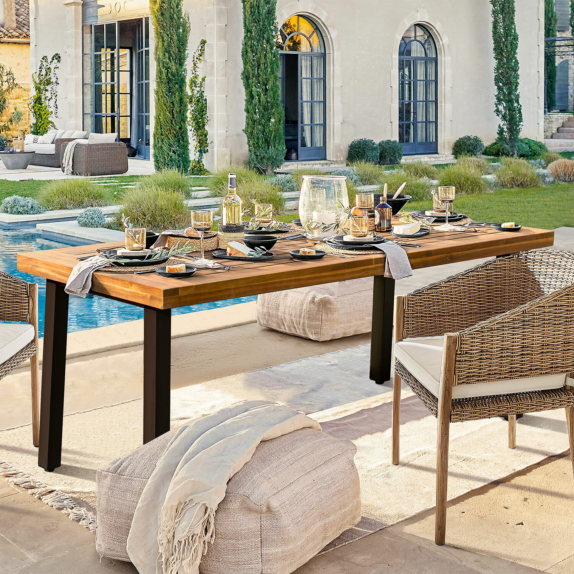 Home Acacia Wood Dining Table 6-Person Indoor Outdoor Table with Iron Legs