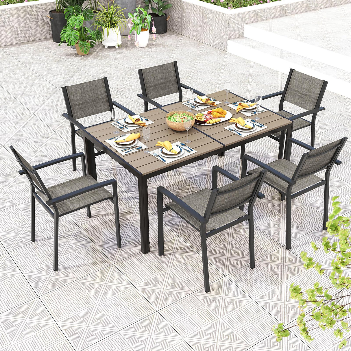 7 Piece Outdoor Dining Set, Patio Furniture Set w/ 6 Stackable Chairs & Large Rectangle Table