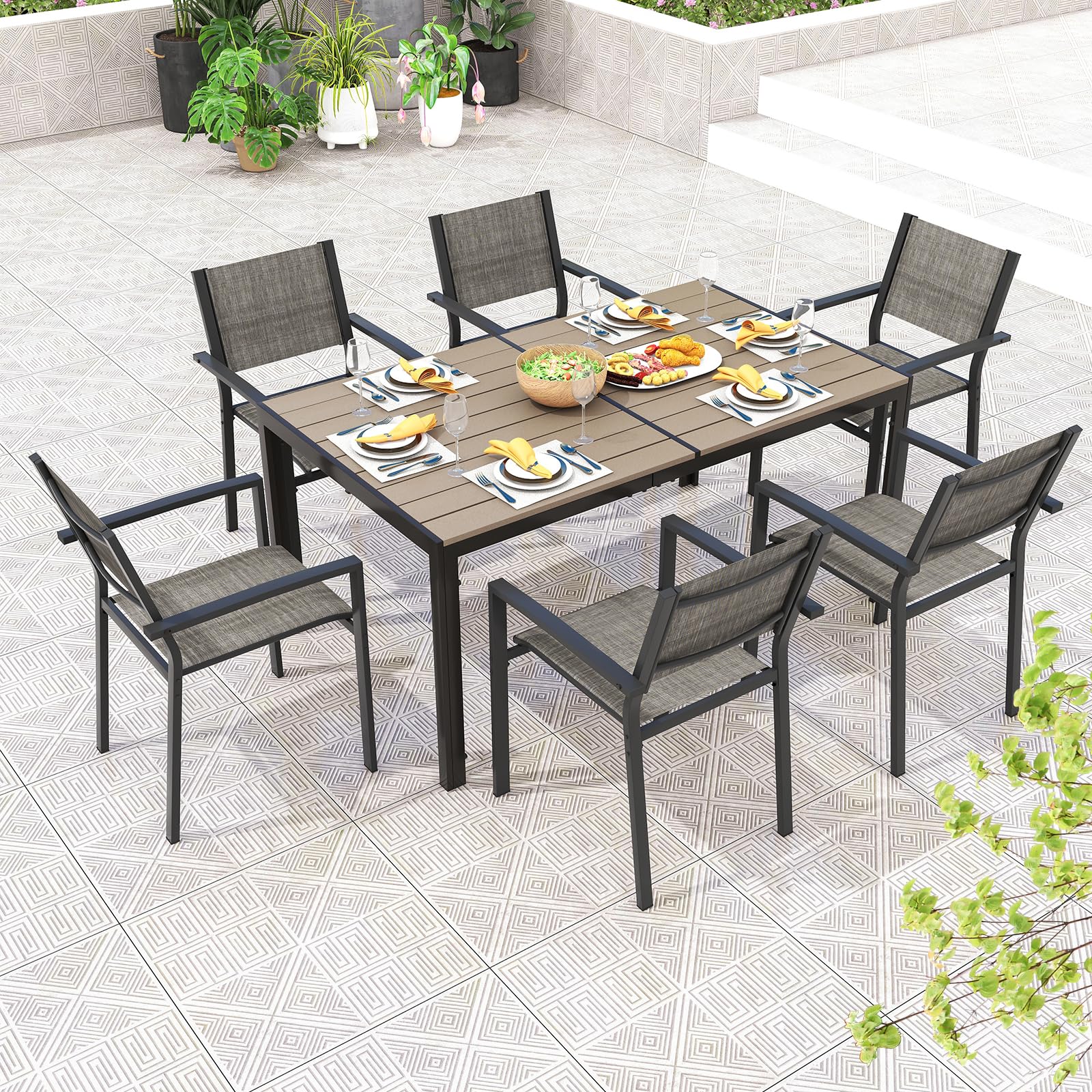 7 Piece Outdoor Dining Set, Patio Furniture Set w/ 6 Stackable Chairs & Large Rectangle Table