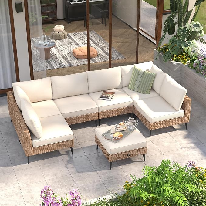 7 Pieces Outdoor Patio Furniture Set, Wicker Sectional Sofa Set for All-Weather