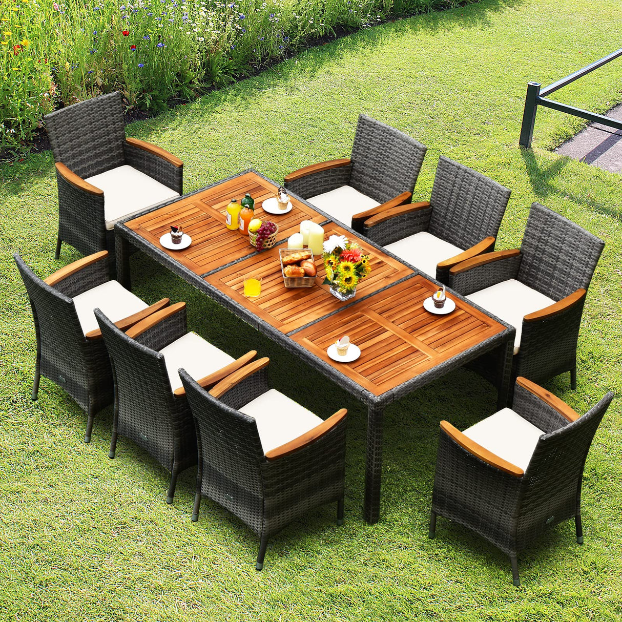 9PCS Patio Rattan Dining Set Acacia Wood Table Cushioned Chair Mix Gray