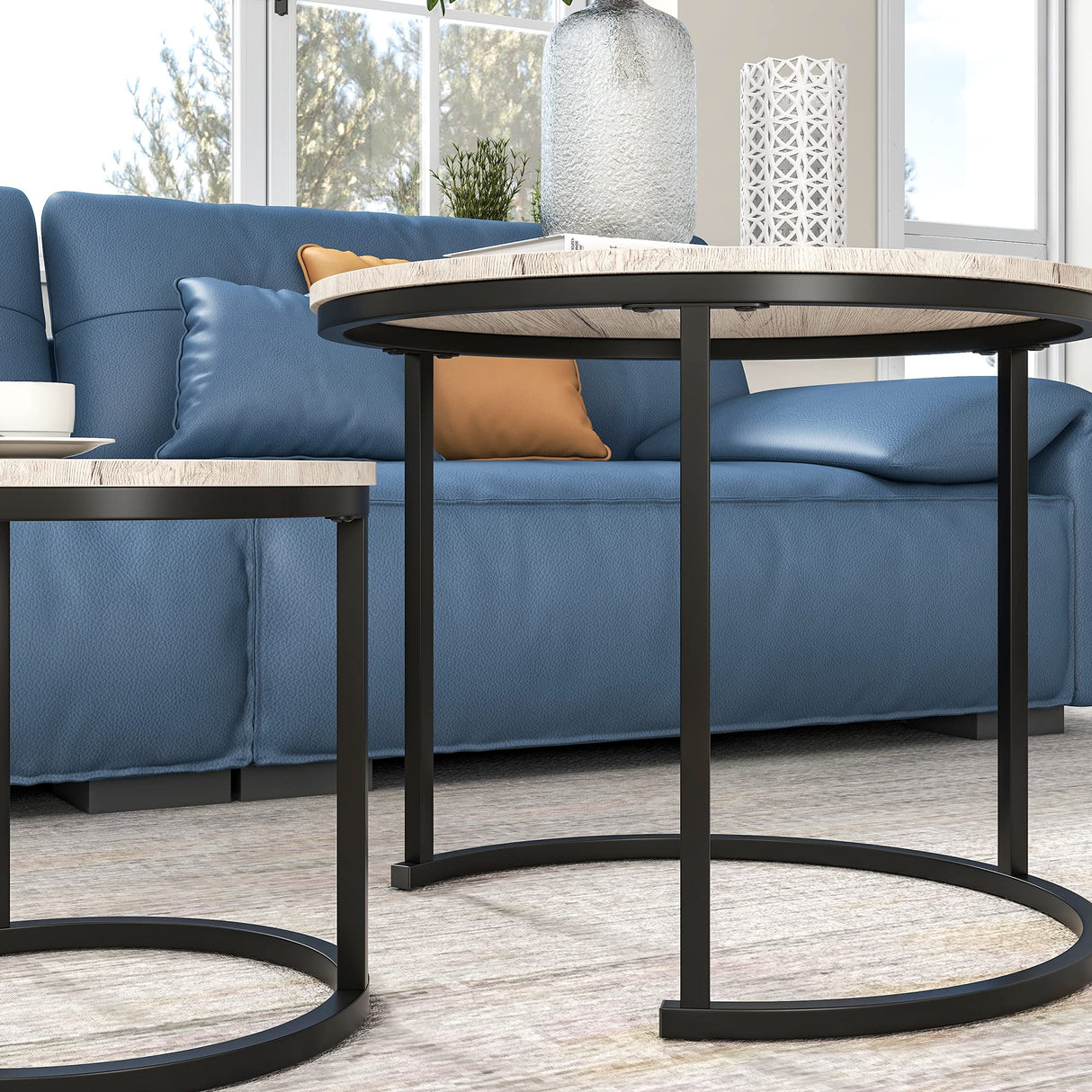 Industrial Round Coffee Table Set of 2 for Living Room,Rustic Small Wood Coffee Table