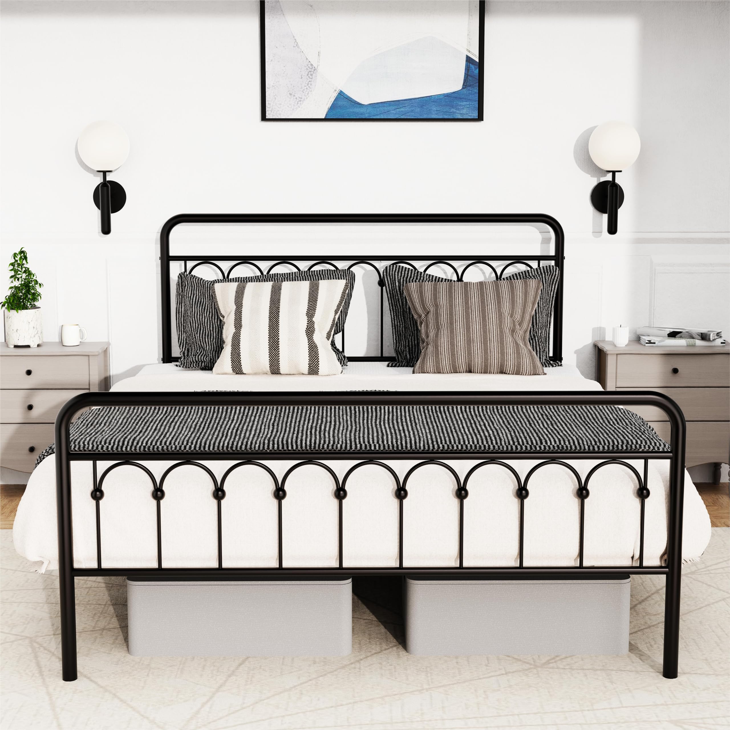 Vintage Queen Metal Bed Frame with Headboard and Footboard Platform