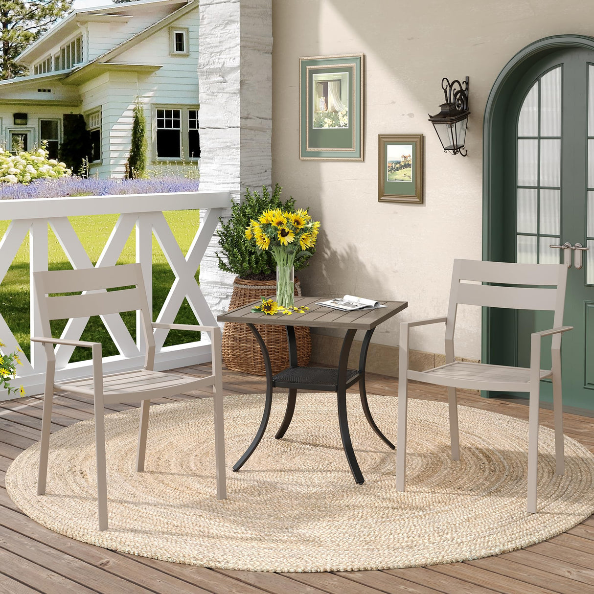 Patio Dining Chairs Set of 2, Metal Stackable Outdoor Chairs with Armrest