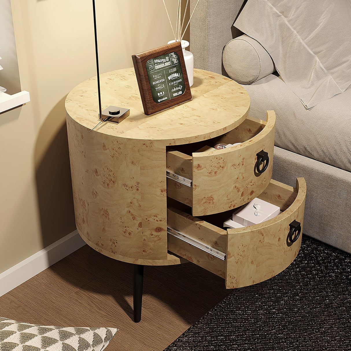 Round Side Table with Drawers Modern Night Stand with Storage Wooden Accent End Table