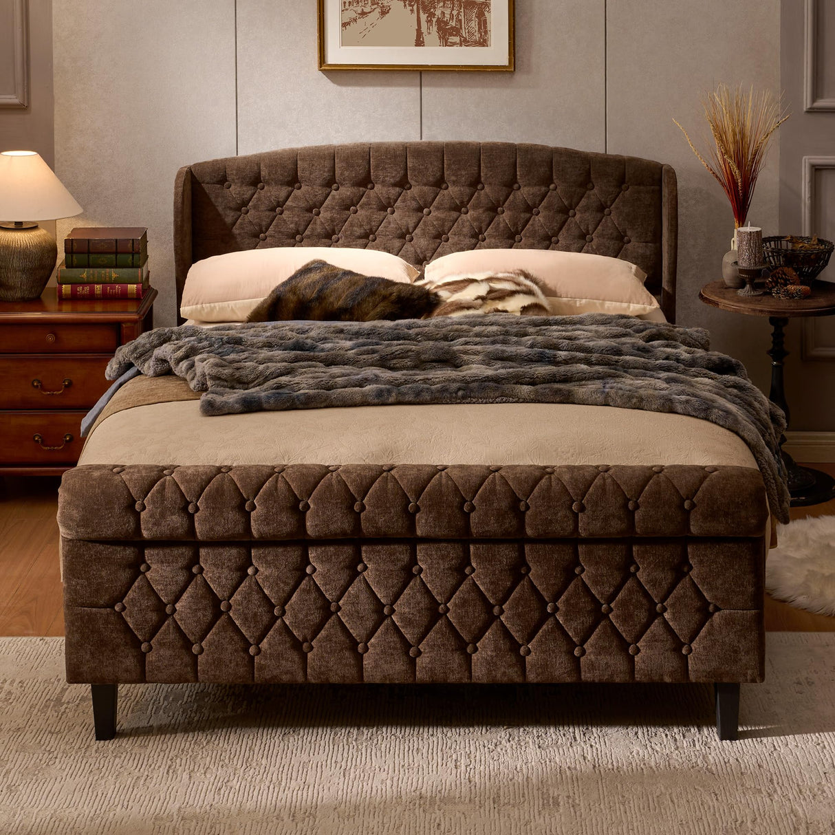 Full Size Sleigh Bed Frame with Wingback Headboard, Chenille Upholstered Platform Bed