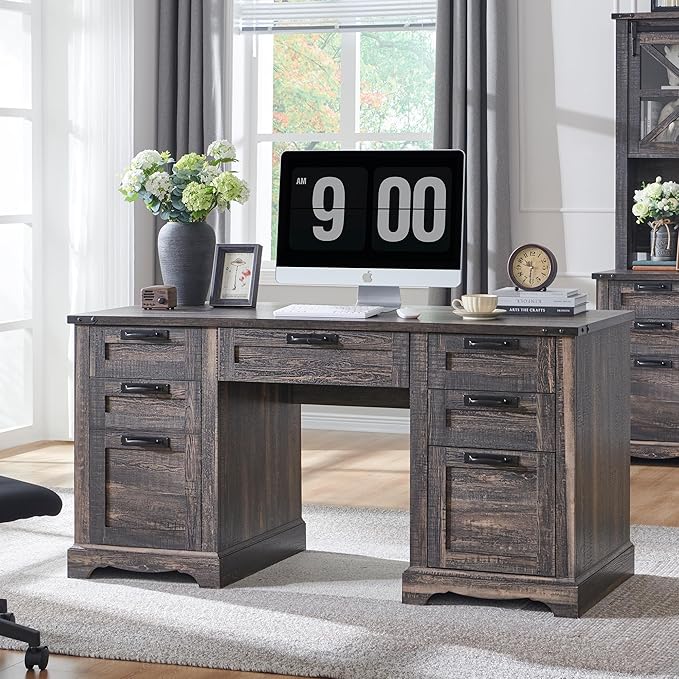 60" Farmhouse Executive Desk with Drawers, Wood Home Office Desk w/Charging Station