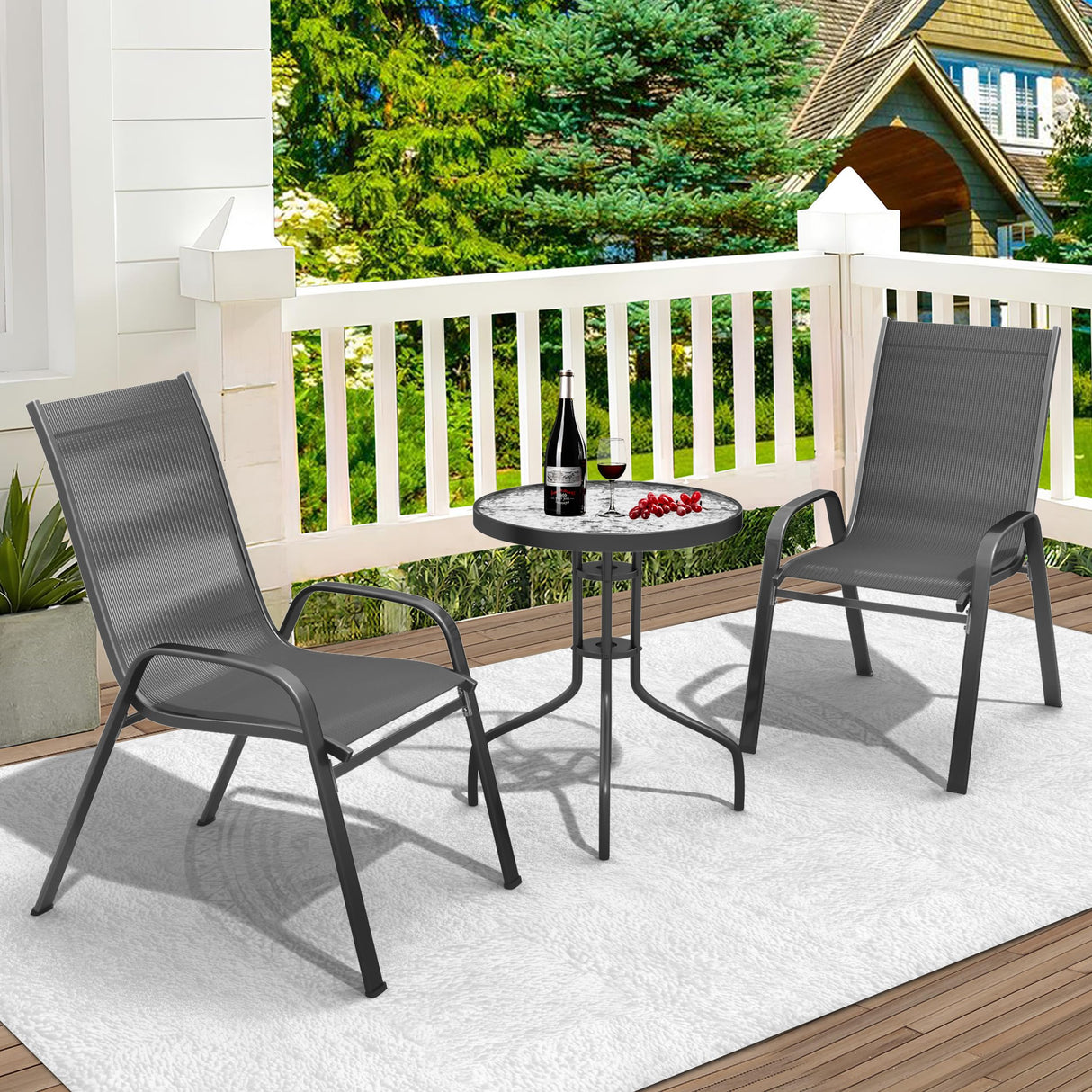 Large Patio Bistro Set 36" Table & 2 Chairs | Modern Metal Frame with Textilene Fabric