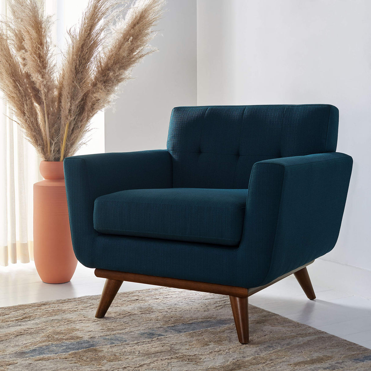 Couture Home Opal Mid-Century Dark Teal Linen Tufted Arm Chair