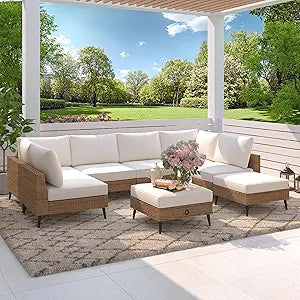 7 Pieces Outdoor Patio Furniture Set, Wicker Sectional Sofa Set for All-Weather