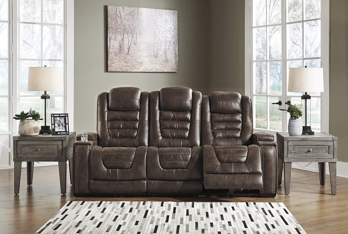Game Zone Faux Leather Adjustable Power Reclining Sofa with Cup Holders and Storage, Brown