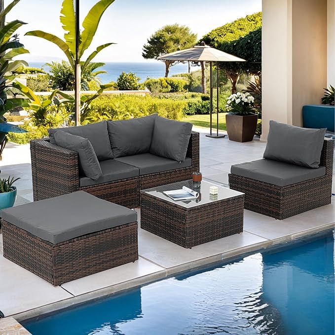 7 Piece Patio Furniture Set, All Weather Outdoor Rattan Wicker
