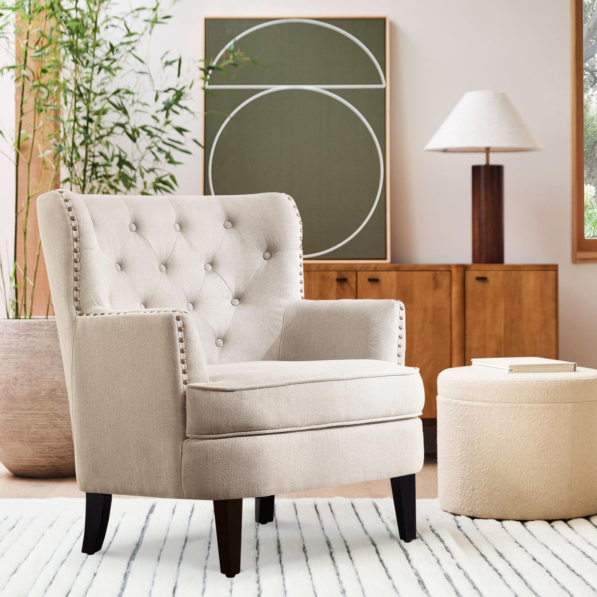 Harris Velvet Upholstered Club Chair 34.5”H, Barrel, Wingback Tufted Button Armchair