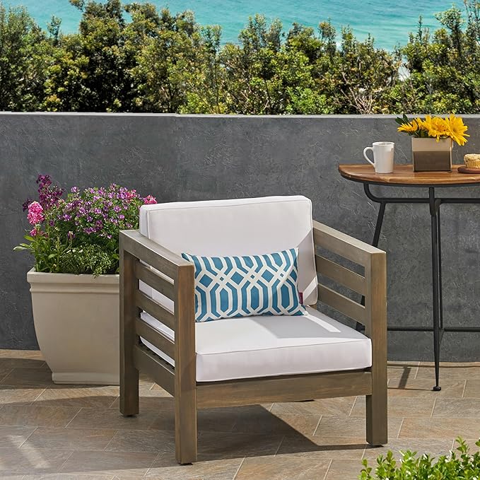 308364 Patio Dining Chairs, Teak Finish + Blue