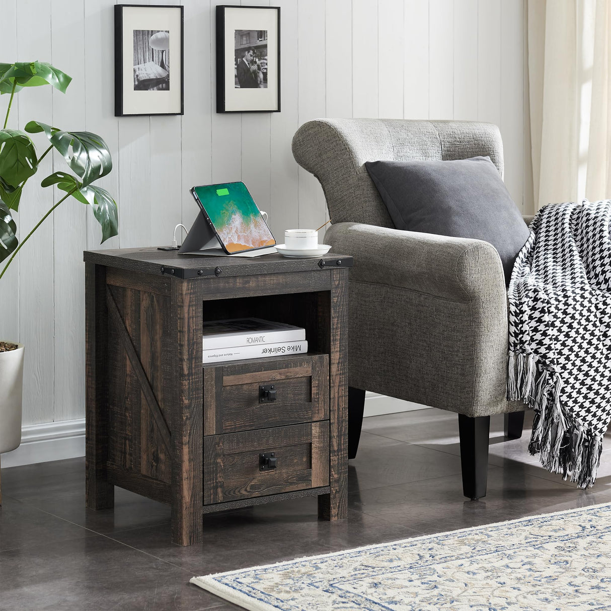 Farmhouse Nightstand with Charging Station