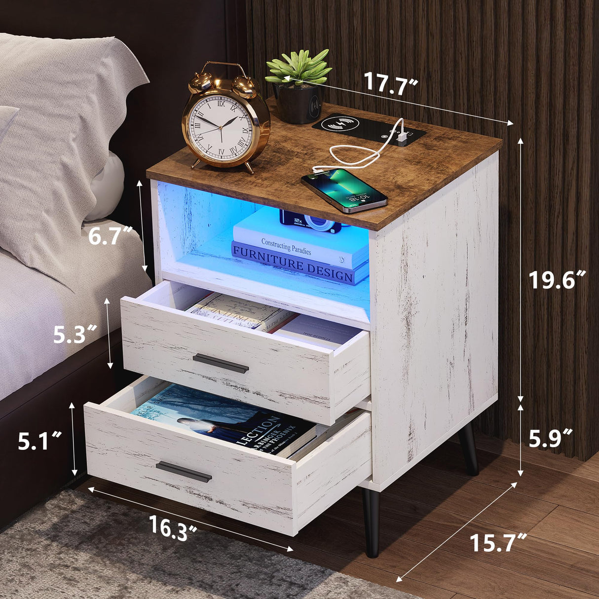 LED Night Stand with Charging Station, 3 Colors Dimmable Lights, Bedroom Modern