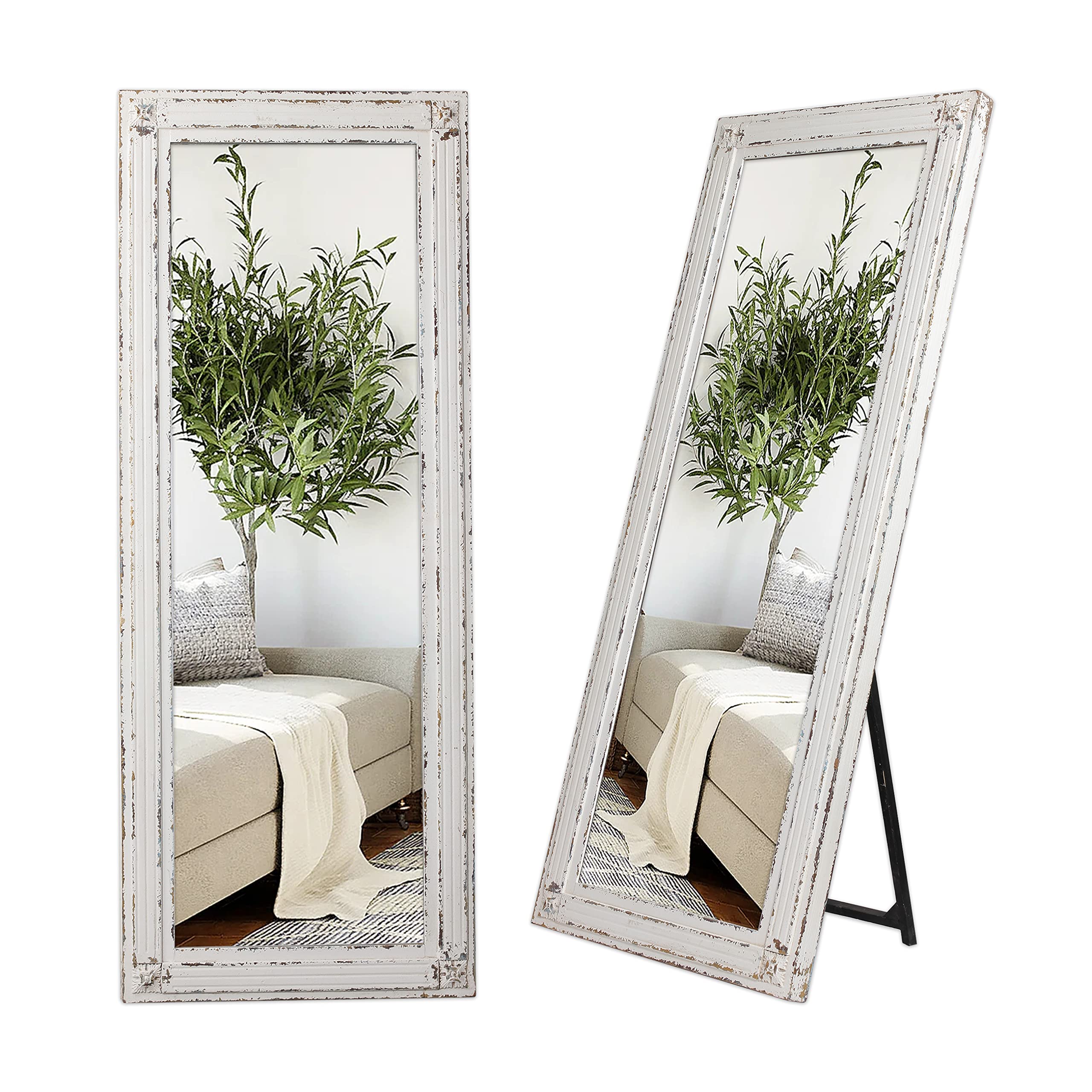 Rustic Full Length Mirror with Stand 60" x 24", Hanging White Farmhouse Big Mirror Full Body