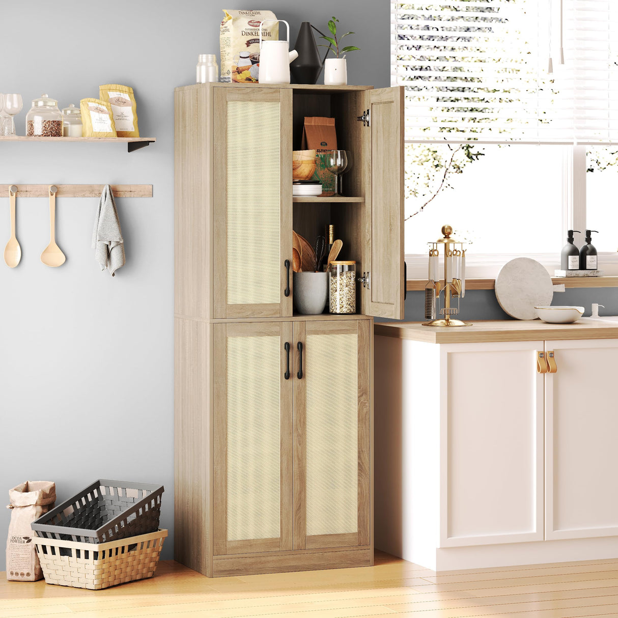Kitchen Pantry Cabinet, Rattan Cabinet, Tall Storage Cabinet with 4 Doors and Adjustable