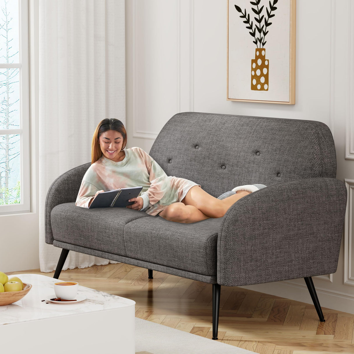 Loveseat Bench Couch, Upholstered Linen Love Seat Sofa 2-Seats