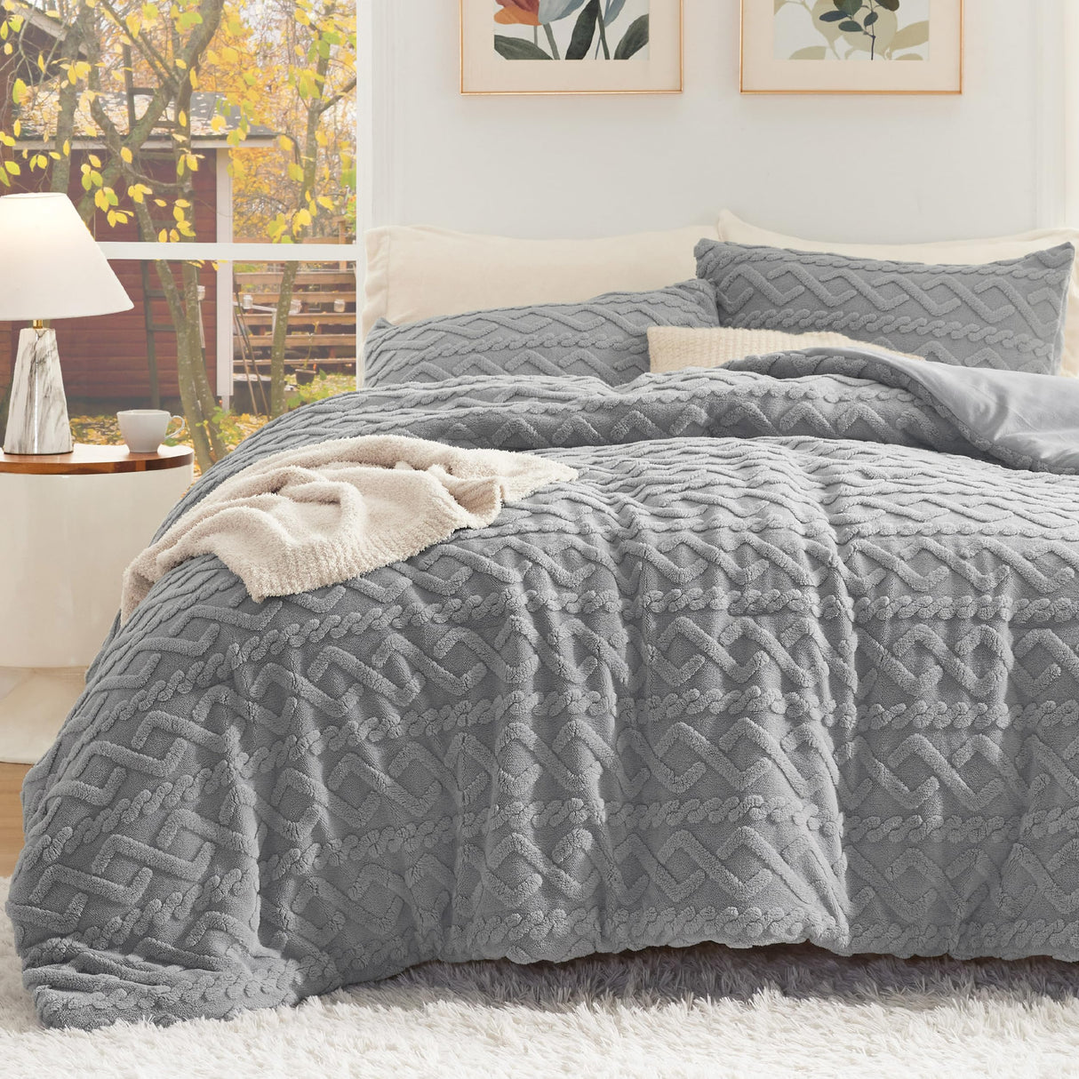 Fluffy Queen Comforter Set, Grey Sherpa Fleece Bedding Comforter Set, Luxury Jacquard Farmhouse