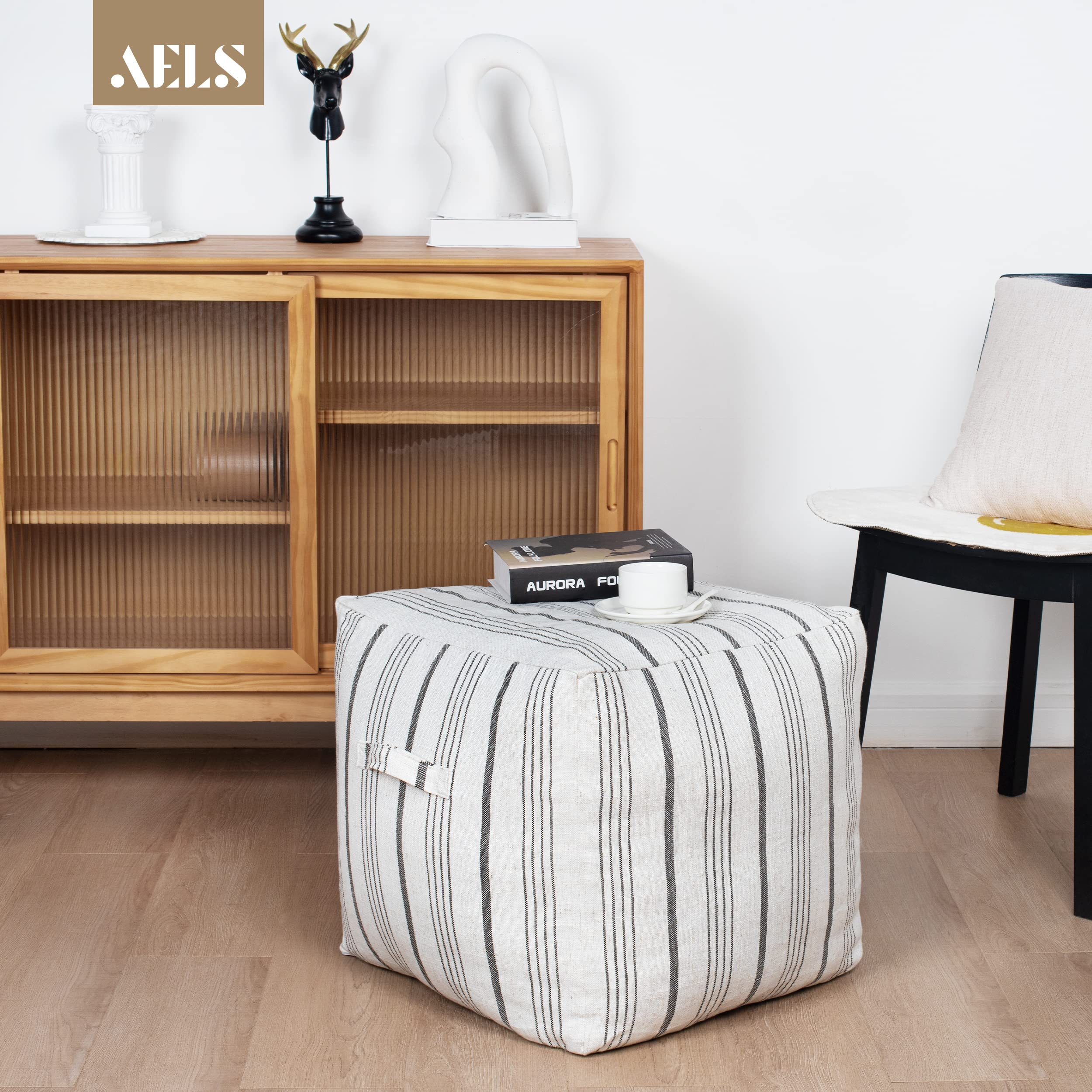 Unstuffed Farmhouse Pouf Cover for Living Room, Storage Bean Bag Cubes