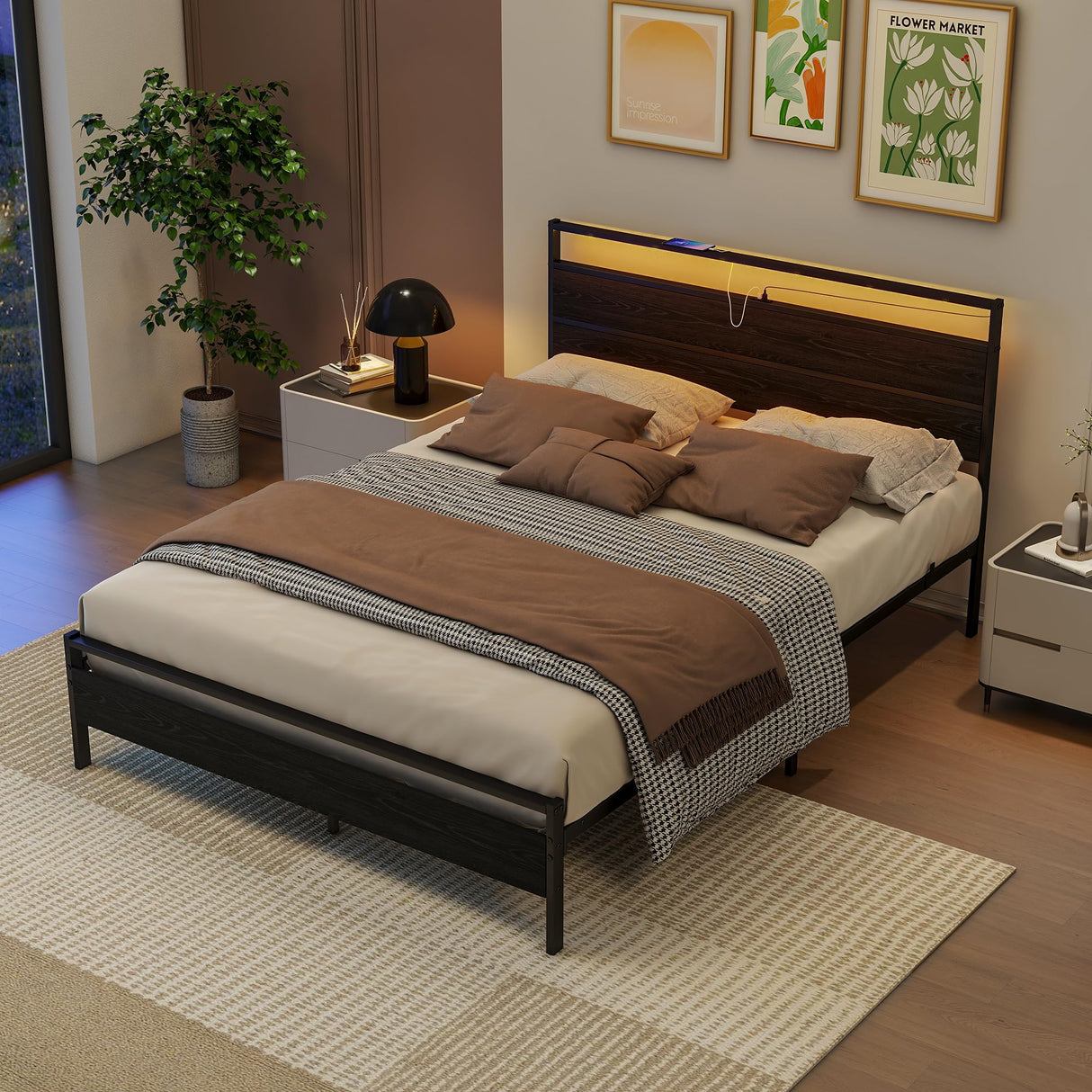 Queen Metal Platform Bed Frame with LED Headboard & USB Charging