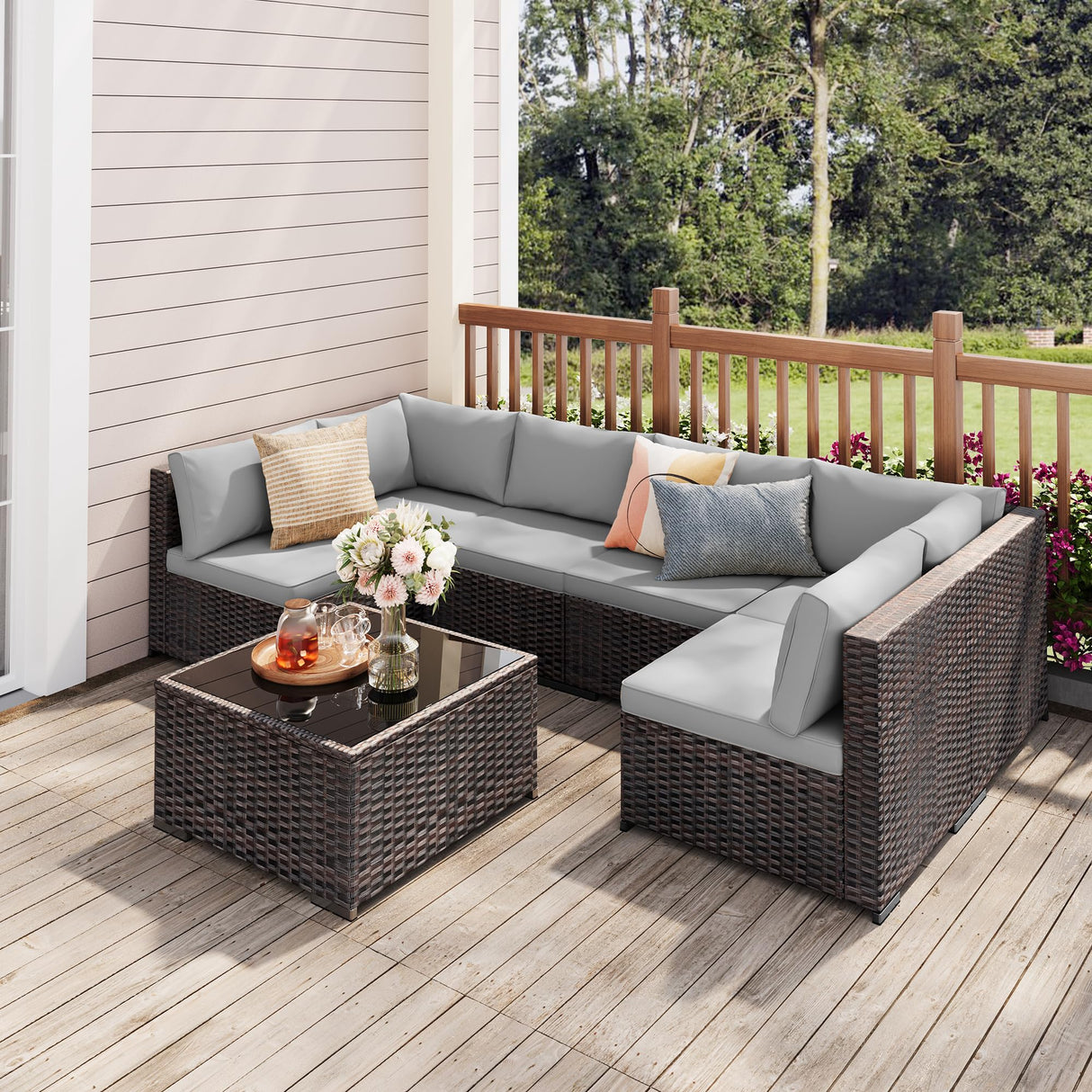 7 Pieces Outdoor Patio Furniture Set, PE Rattan Outdoor Wicker Sectional Furniture Sofa