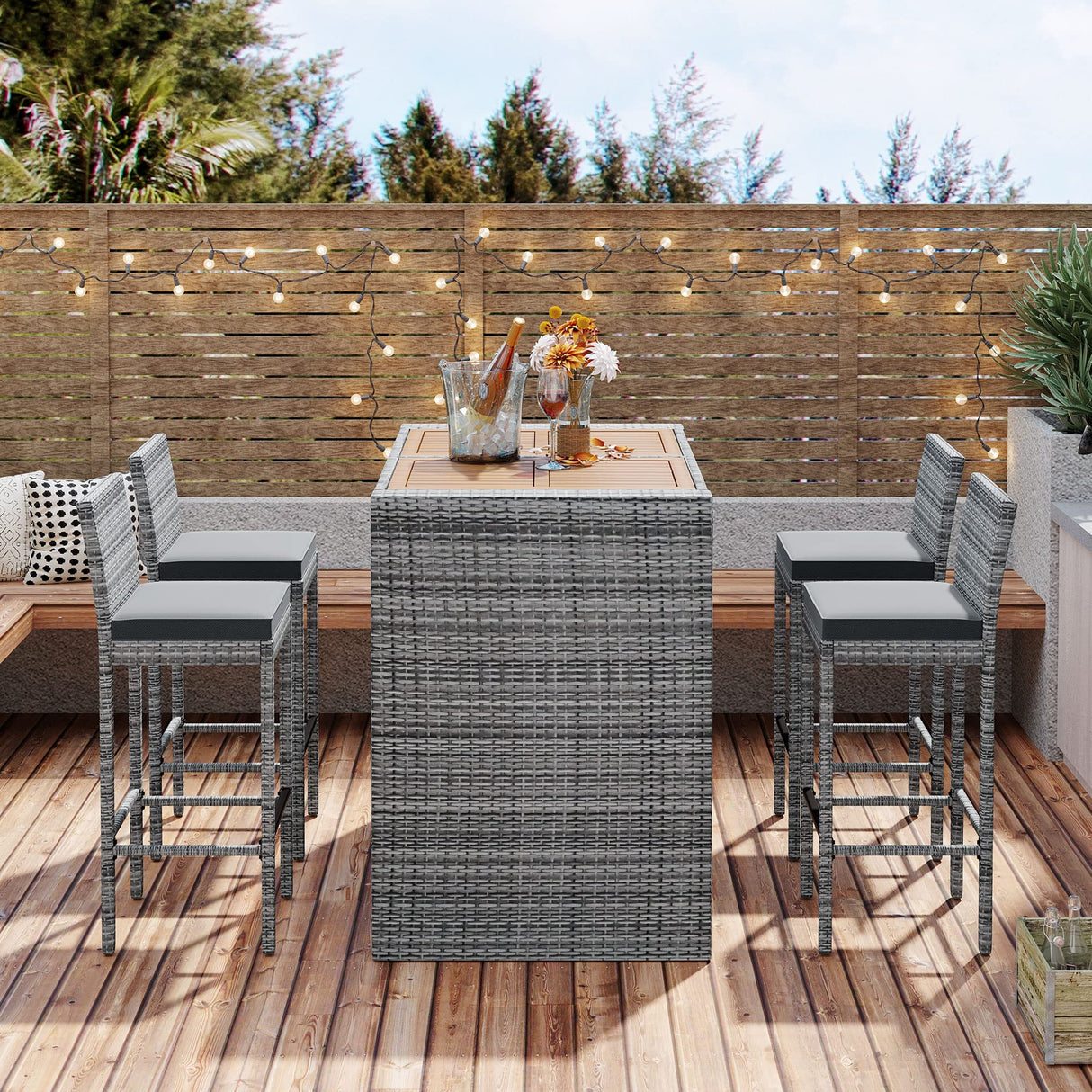 5 Piece Patio Wicker Bar Set, 4 Bar Height Chairs With Non-Slip Feet And Fixed Rope, Outdoor Garden PE Rattan Wicker Bar Set, Modern Patio Dining Set, Acacia Wood Table Top, Brown Wood And Gray Wicker