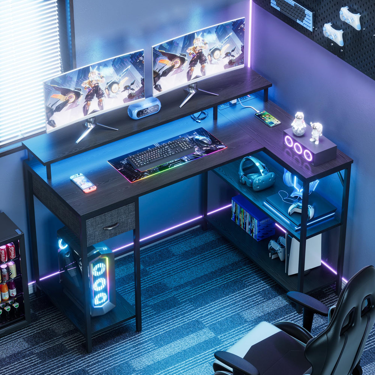 L Shaped Gaming Desk with LED Lights & Power Outlets, Reversible Computer Desk