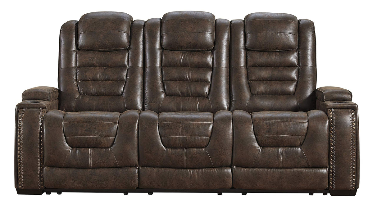 Game Zone Faux Leather Adjustable Power Reclining Sofa with Cup Holders and Storage, Brown