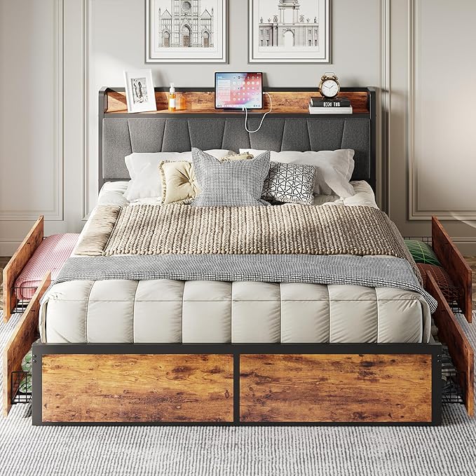 Queen Bed Frame with 4 Storage Drawers, Platform Bed