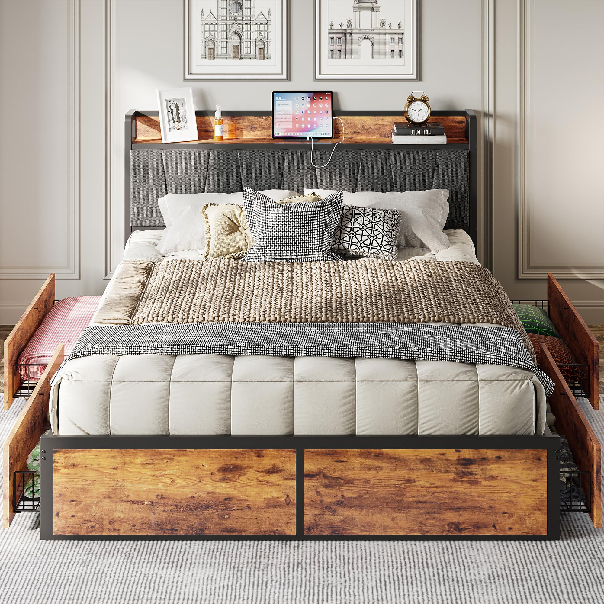 Queen Bed Frame with 4 Storage Drawers, Platform Bed