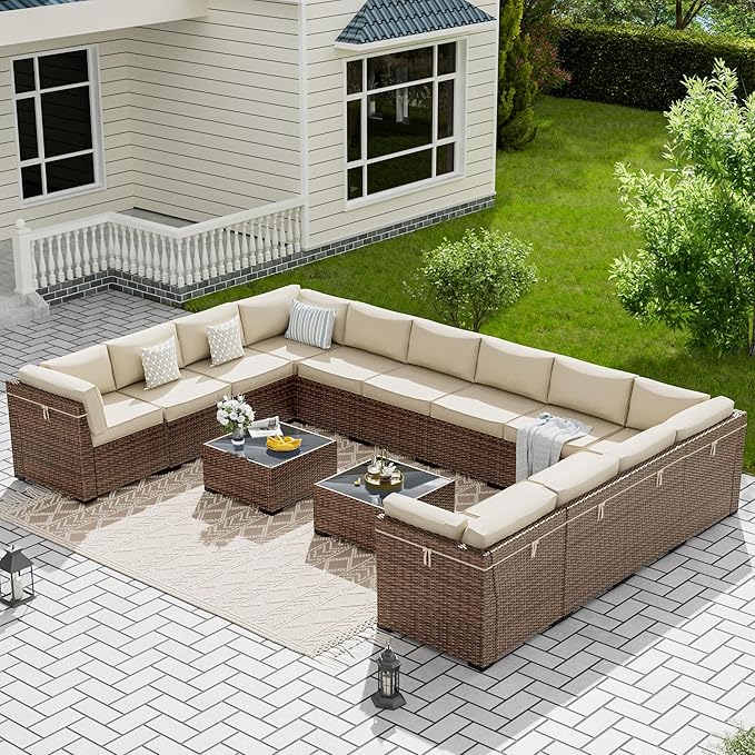 7 Pieces Patio Furniture Set, Outdoor Furniture Sectional Sofa Set with Slanted Back
