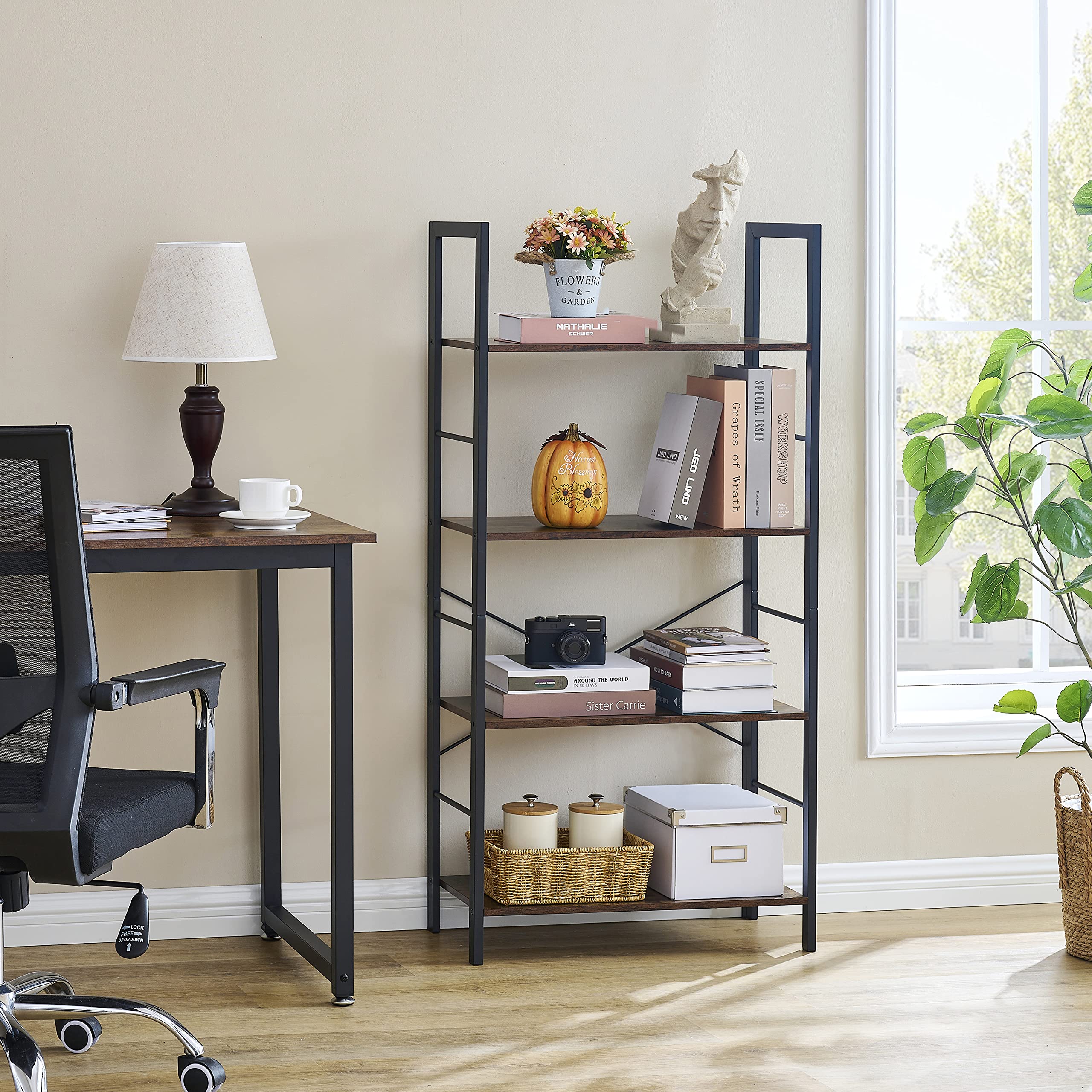 4 Tier Bookshelf, Tall Display Storage Shelf, Vintage Wood Open Shelves