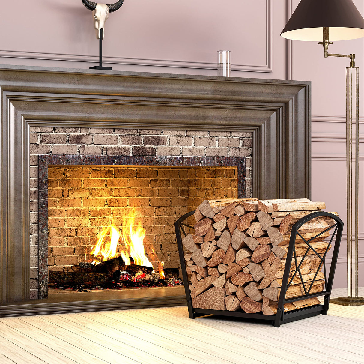 Firewood Log Rack, Iron Wood Lumber Storage Holder for Fireplace