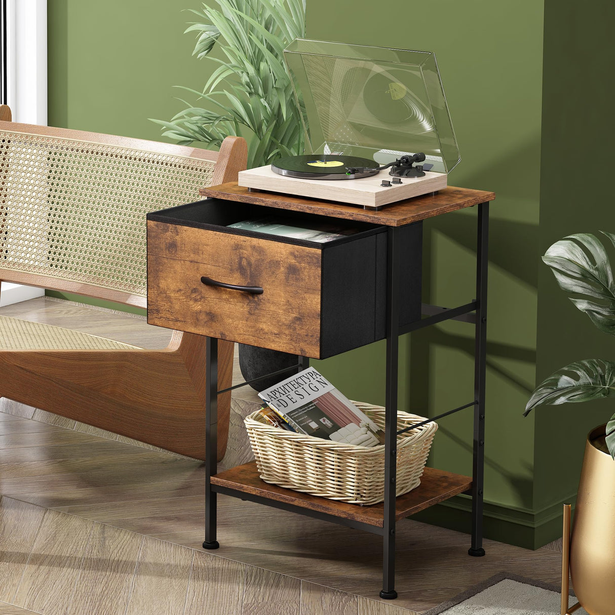 Nightstand Set of 2, End Table with Fabric Storage Drawer and Open Wood Shelf, Bedside