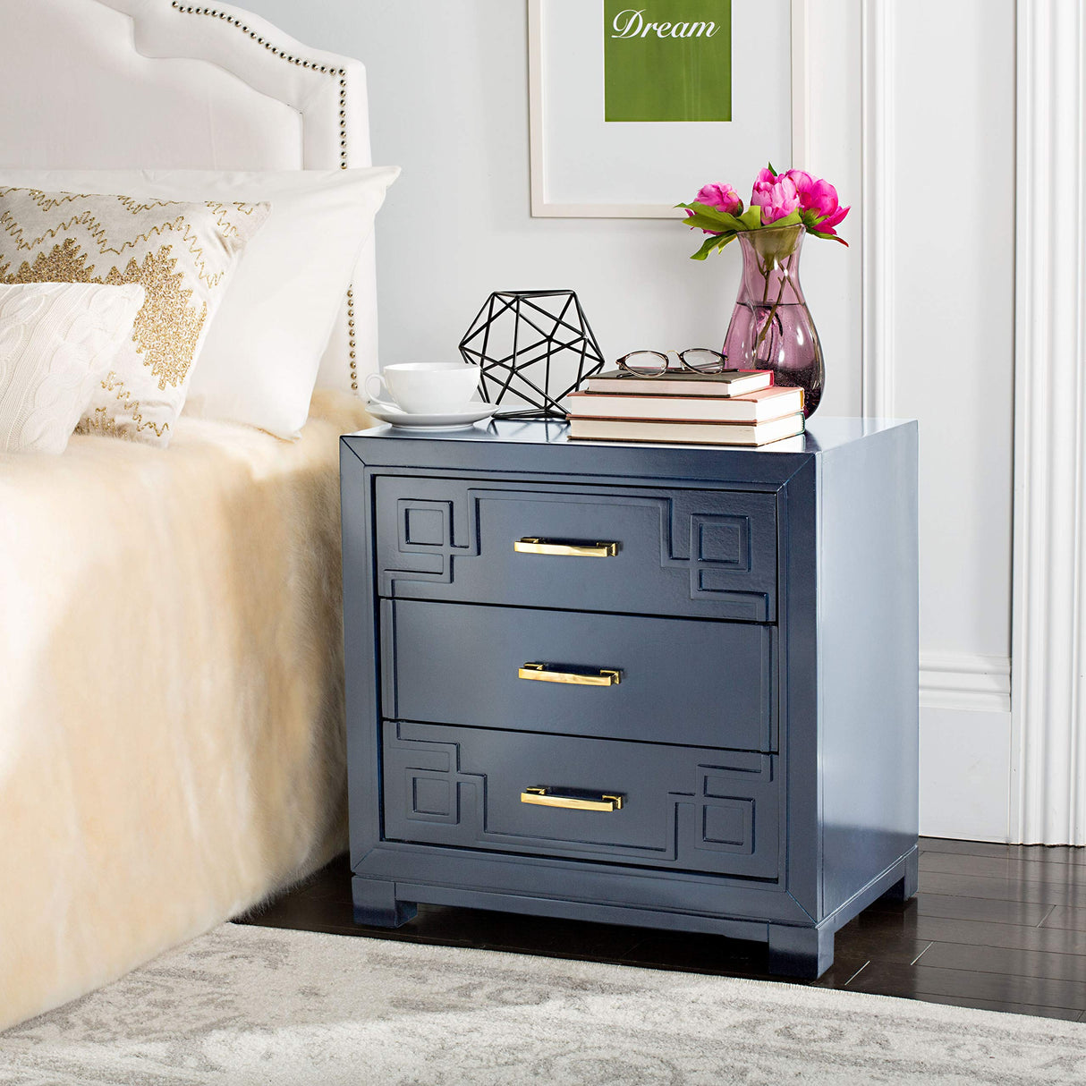 Raina Three Drawer Greek Key Night Stand, 0, Navy