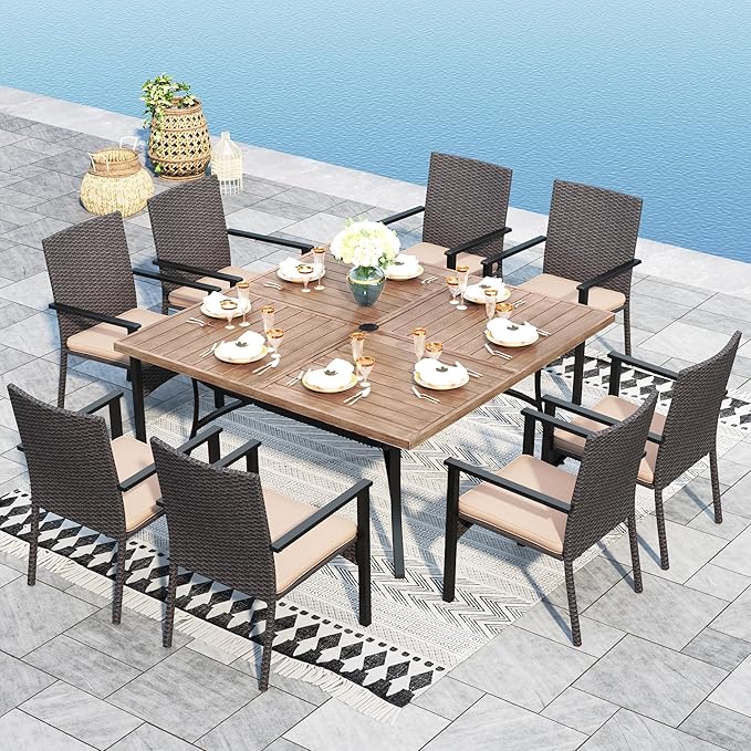 9 Pieces Patio Dining Set for 8, All Weather Square Outdoor Table with Umbrella Hole