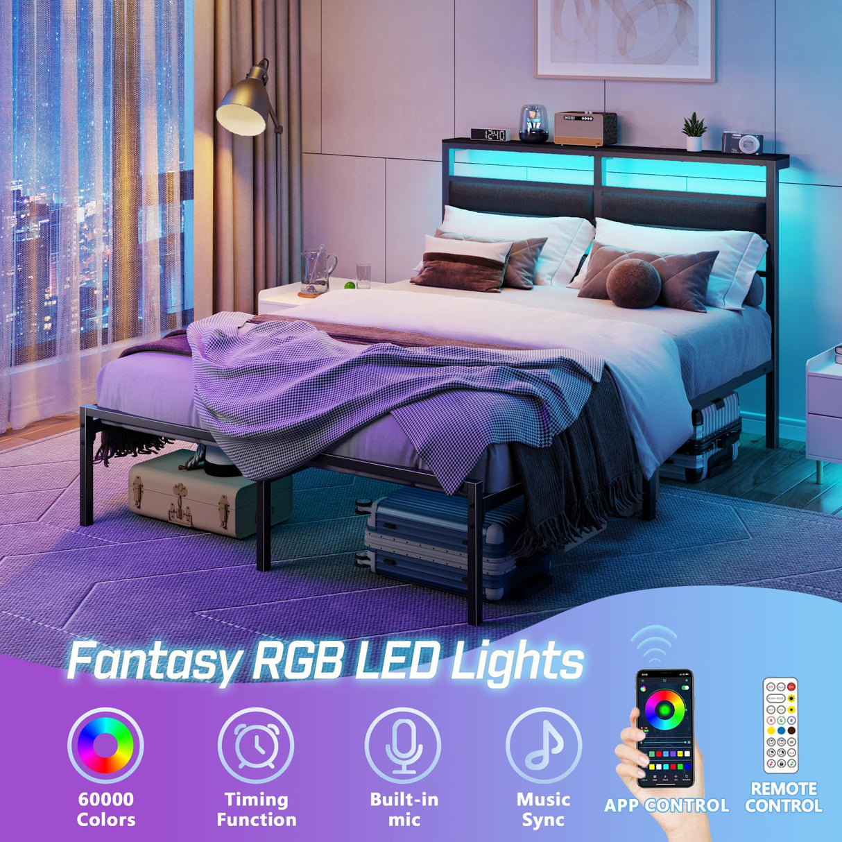 Full Size Metal Bed Frame with RGB LED Lighting & Charging Station